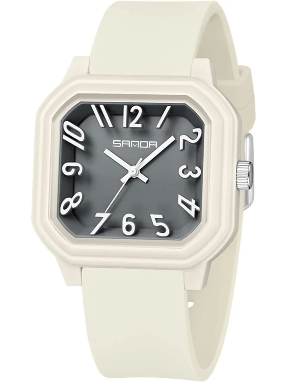 Women’s Khaki Big Arabic Numbers Silicone Strap Casual Analog Square Wrist Watch